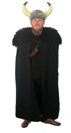 60" Black Viking Norse Medieval Cape With Faux Fur Trim Collar & Horned Hat [One Size]
