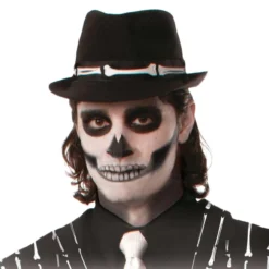 Adults Black & White Skeleton Day Of The Dead Fedora Fancy Dress Hat