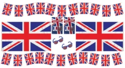 King Charles III Coronation 2x 5ftx3ft Union Jack Flag 2x 4 Metre (11 Flags) Bunting 2x GB Sunglasses 2x UK Face Paint United Kingdom Themed Coronation 8 Piece Garden Party Pack