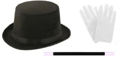 Childs Top Hat Magic Wand & White Gloves Magician Fancy Dress Set