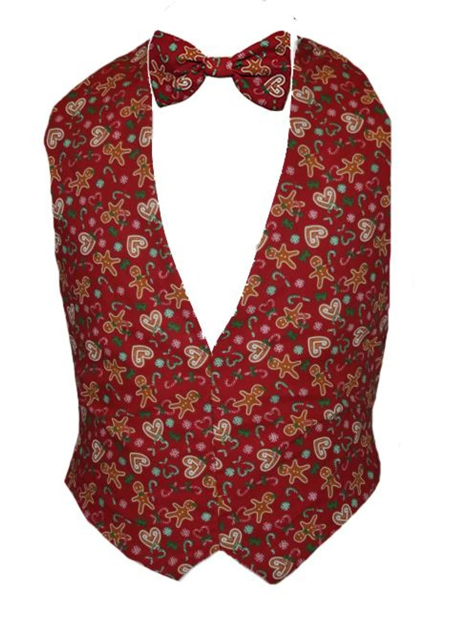 Adults Christmas Gingerbread Festive Backless Waistcoat & Bow Tie Set Fancy Dress 1 Adults Christmas Gingerbread Festive Backless Waistcoat & Bow Tie Set Fancy Dress