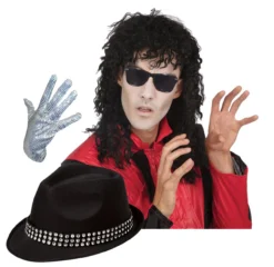Adults Pop King Jacko Hat Wig, Gloves & Sunglasses Kit Fancy Dress Costume Accessory