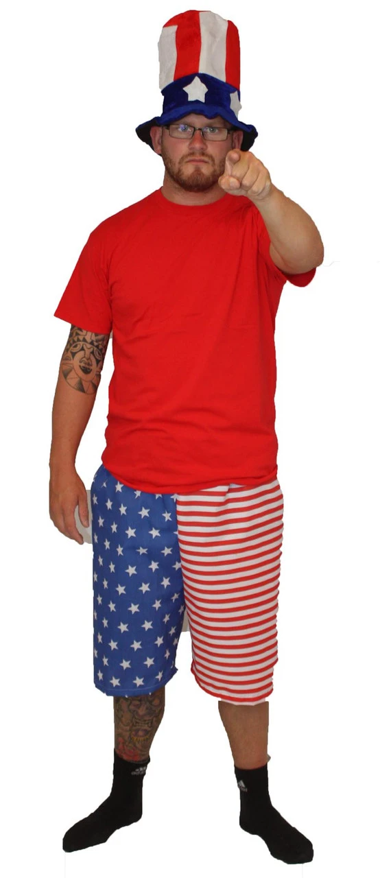 Adults USA Independence Day 4th Of July America Fancy Dress Shorts & Top Hat Set 1 Adults USA Independence Day 4th Of July America Fancy Dress Shorts & Top Hat Set