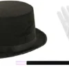 Adults Top Hat Magic Wand & White Gloves Magician Fancy Dress Set